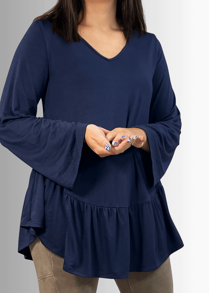 Made in USA Women's Navy Blue Flare Sleeve Tunic with Flounce Ruffle Hem, V-Neck, Lightweight and Flowy, Super Soft, 95% Rayon, 5% Spandex Machine Wash, Tumble Dry Low Style C11316 | Classy Cozy Cool Made in USA Boutique