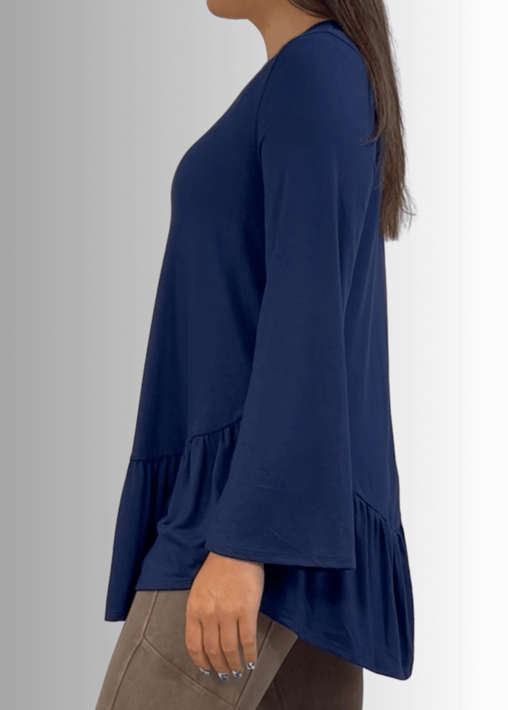 Made in USA Women's Navy Blue Flare Sleeve Tunic with Flounce Ruffle Hem, V-Neck, Lightweight and Flowy, Super Soft, 95% Rayon, 5% Spandex Machine Wash, Tumble Dry Low Style C11316 | Classy Cozy Cool Made in USA Boutique