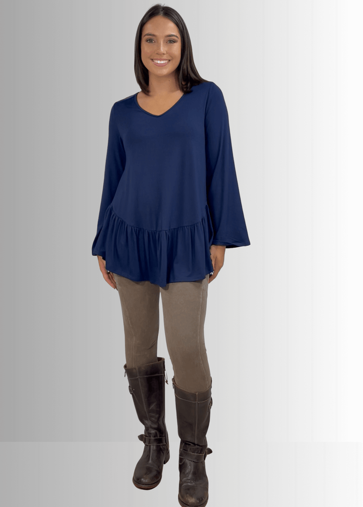 Made in USA Women's Navy Blue Flare Sleeve Tunic with Flounce Ruffle Hem, V-Neck, Lightweight and Flowy, Super Soft, 95% Rayon, 5% Spandex Machine Wash, Tumble Dry Low Style C11316 | Classy Cozy Cool Made in USA Boutique