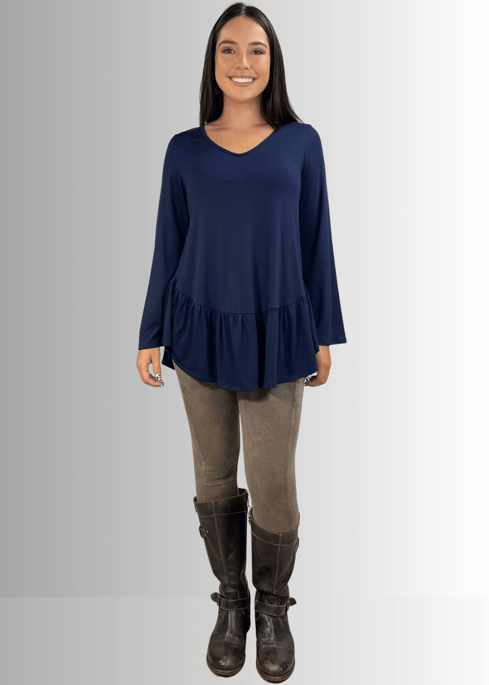 Made in USA Women's Navy Blue Flare Sleeve Tunic with Flounce Ruffle Hem, V-Neck, Lightweight and Flowy, Super Soft, 95% Rayon, 5% Spandex Machine Wash, Tumble Dry Low Style C11316 | Classy Cozy Cool Made in USA Boutique