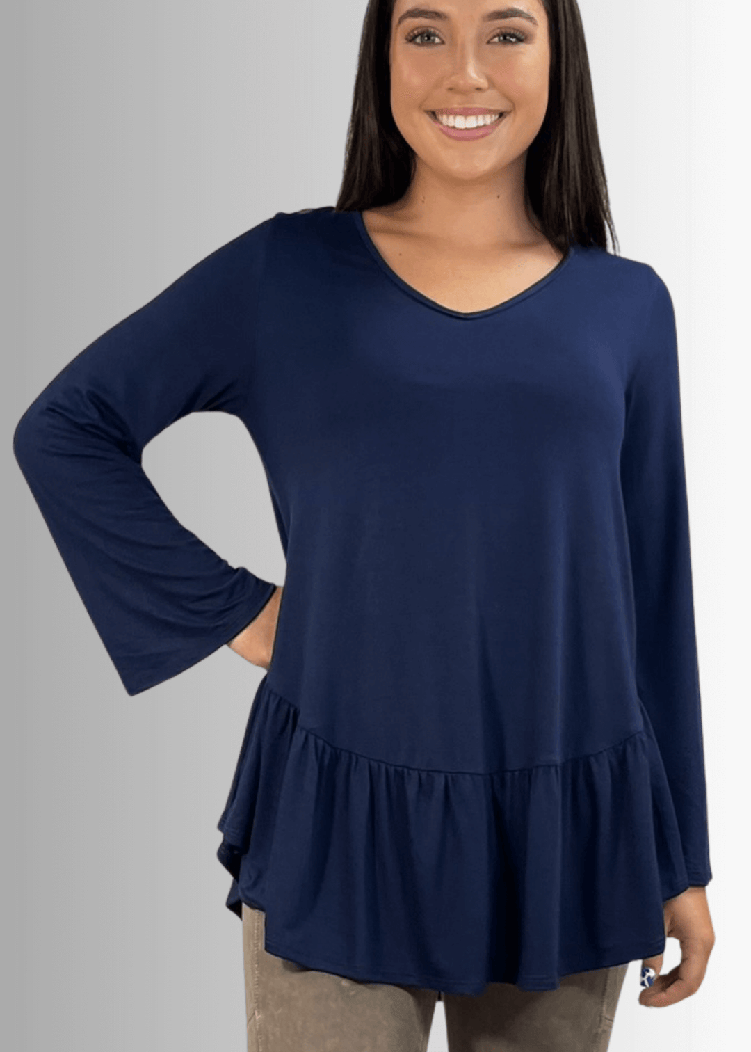 Made in USA Women's Navy Blue Flare Sleeve Tunic with Flounce Ruffle Hem, V-Neck, Lightweight and Flowy, Super Soft, 95% Rayon, 5% Spandex Machine Wash, Tumble Dry Low Style C11316 | Classy Cozy Cool Made in USA Boutique