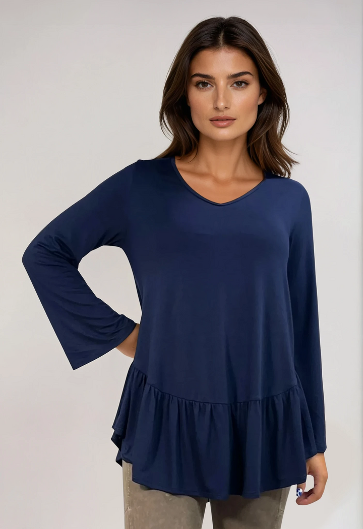 Made in USA Women's Navy Blue Flare Sleeve Tunic with Flounce Ruffle Hem, V-Neck, Lightweight and Flowy, Super Soft, 95% Rayon, 5% Spandex Machine Wash, Tumble Dry Low Style C11316 | Classy Cozy Cool Made in USA Boutique