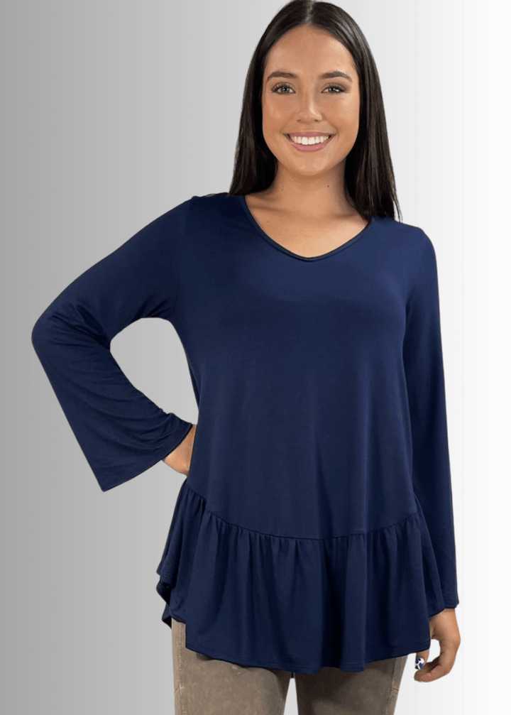Made in USA Women's Navy Blue Flare Sleeve Tunic with Flounce Ruffle Hem, V-Neck, Lightweight and Flowy, Super Soft, 95% Rayon, 5% Spandex Machine Wash, Tumble Dry Low Style C11316 | Classy Cozy Cool Made in USA Boutique