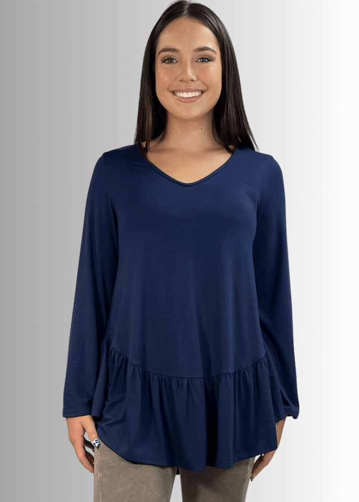 Made in USA Women's Navy Blue Flare Sleeve Tunic with Flounce Ruffle Hem, V-Neck, Lightweight and Flowy, Super Soft, 95% Rayon, 5% Spandex Machine Wash, Tumble Dry Low Style C11316 | Classy Cozy Cool Made in USA Boutique