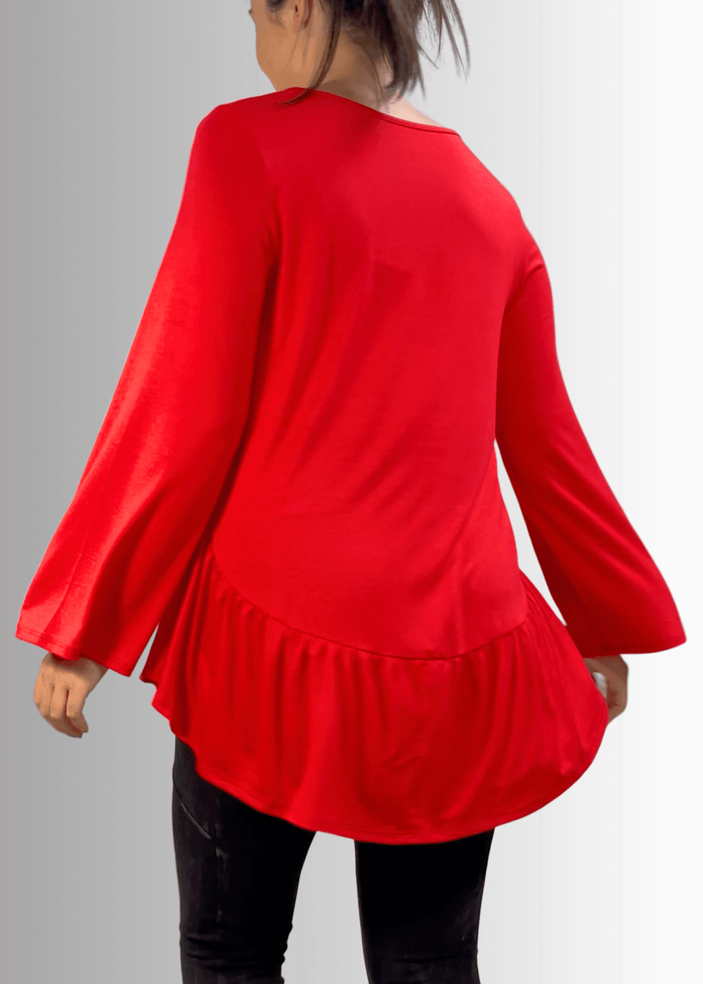 Made in USA Women's Red Flare Sleeve Tunic with Flounce Ruffle Hem, V-Neck, Lightweight and Flowy, Super Soft, 95% Rayon, 5% Spandex Machine Wash, Tumble Dry Low Style C11316 | Classy Cozy Cool Made in USA Boutique