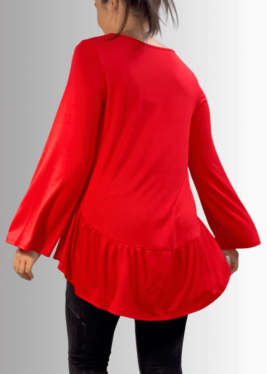 Made in USA Women's Red Flare Sleeve Tunic with Flounce Ruffle Hem, V-Neck, Lightweight and Flowy, Super Soft, 95% Rayon, 5% Spandex Machine Wash, Tumble Dry Low Style C11316 | Classy Cozy Cool Made in USA Boutique