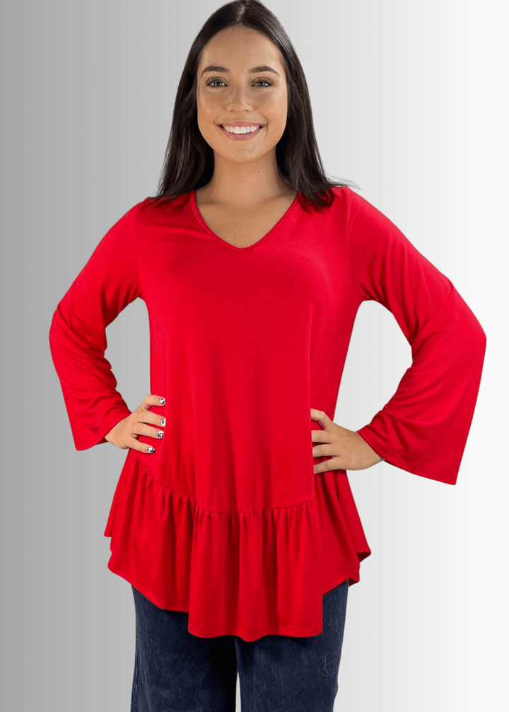 Made in USA Women's Red Flare Sleeve Tunic with Flounce Ruffle Hem, V-Neck, Lightweight and Flowy, Super Soft, 95% Rayon, 5% Spandex Machine Wash, Tumble Dry Low Style C11316 | Classy Cozy Cool Made in USA Boutique
