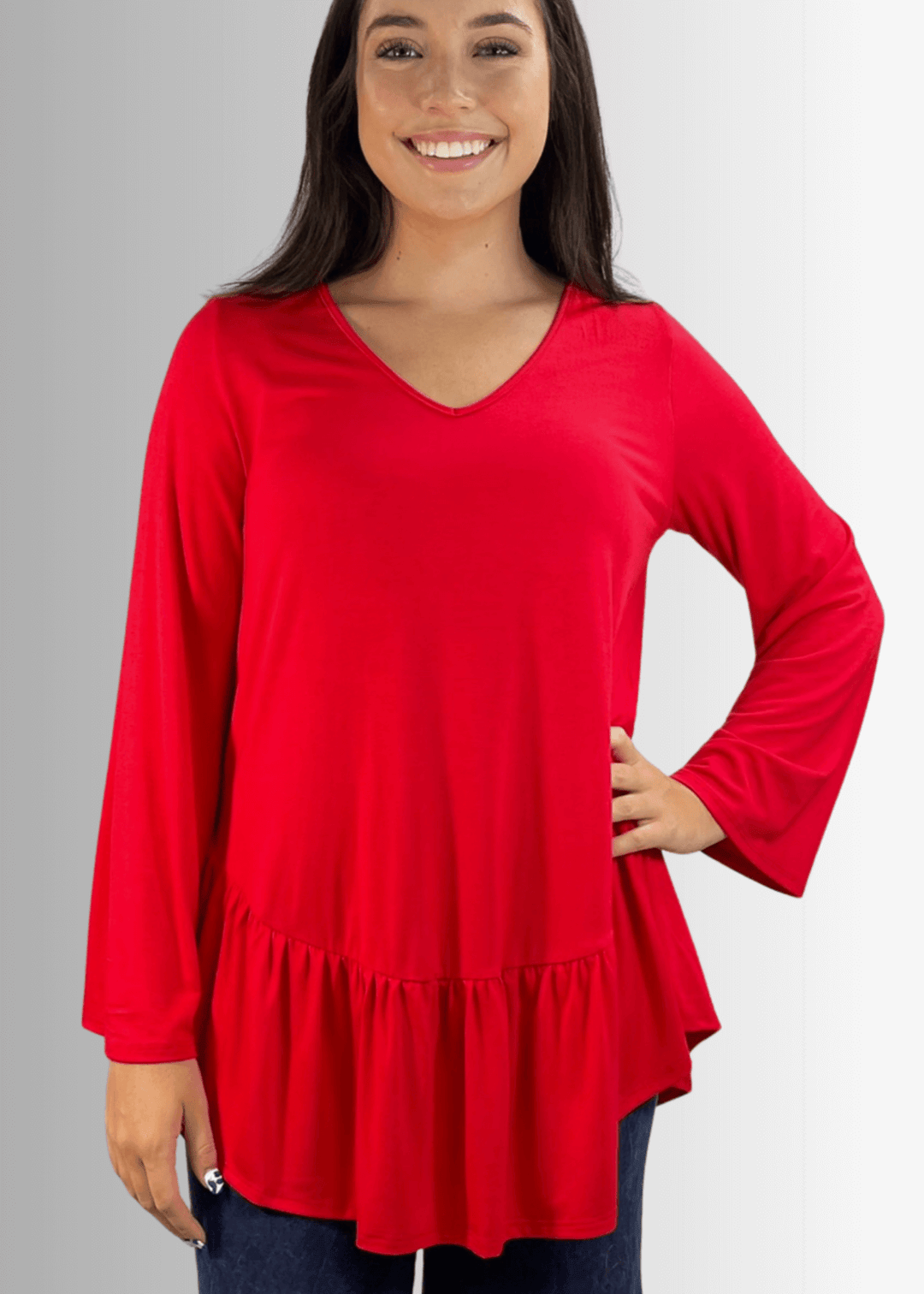 Made in USA Women's Red Flare Sleeve Tunic with Flounce Ruffle Hem, V-Neck, Lightweight and Flowy, Super Soft, 95% Rayon, 5% Spandex Machine Wash, Tumble Dry Low Style C11316 | Classy Cozy Cool Made in USA Boutique