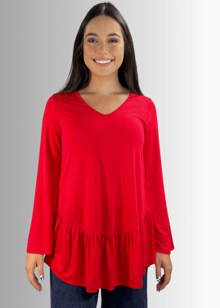 Made in USA Women's Red Flare Sleeve Tunic with Flounce Ruffle Hem, V-Neck, Lightweight and Flowy, Super Soft, 95% Rayon, 5% Spandex Machine Wash, Tumble Dry Low Style C11316 | Classy Cozy Cool Made in USA Boutique