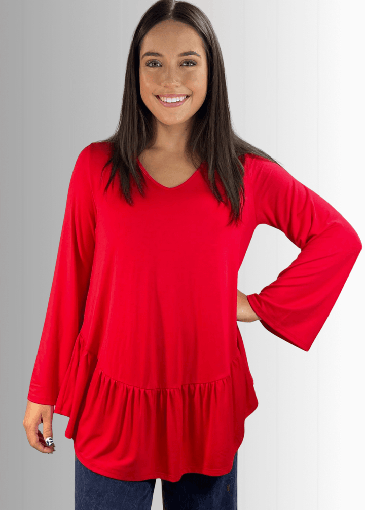 Made in USA Women's Red Flare Sleeve Tunic with Flounce Ruffle Hem, V-Neck, Lightweight and Flowy, Super Soft, 95% Rayon, 5% Spandex Machine Wash, Tumble Dry Low Style C11316 | Classy Cozy Cool Made in USA Boutique