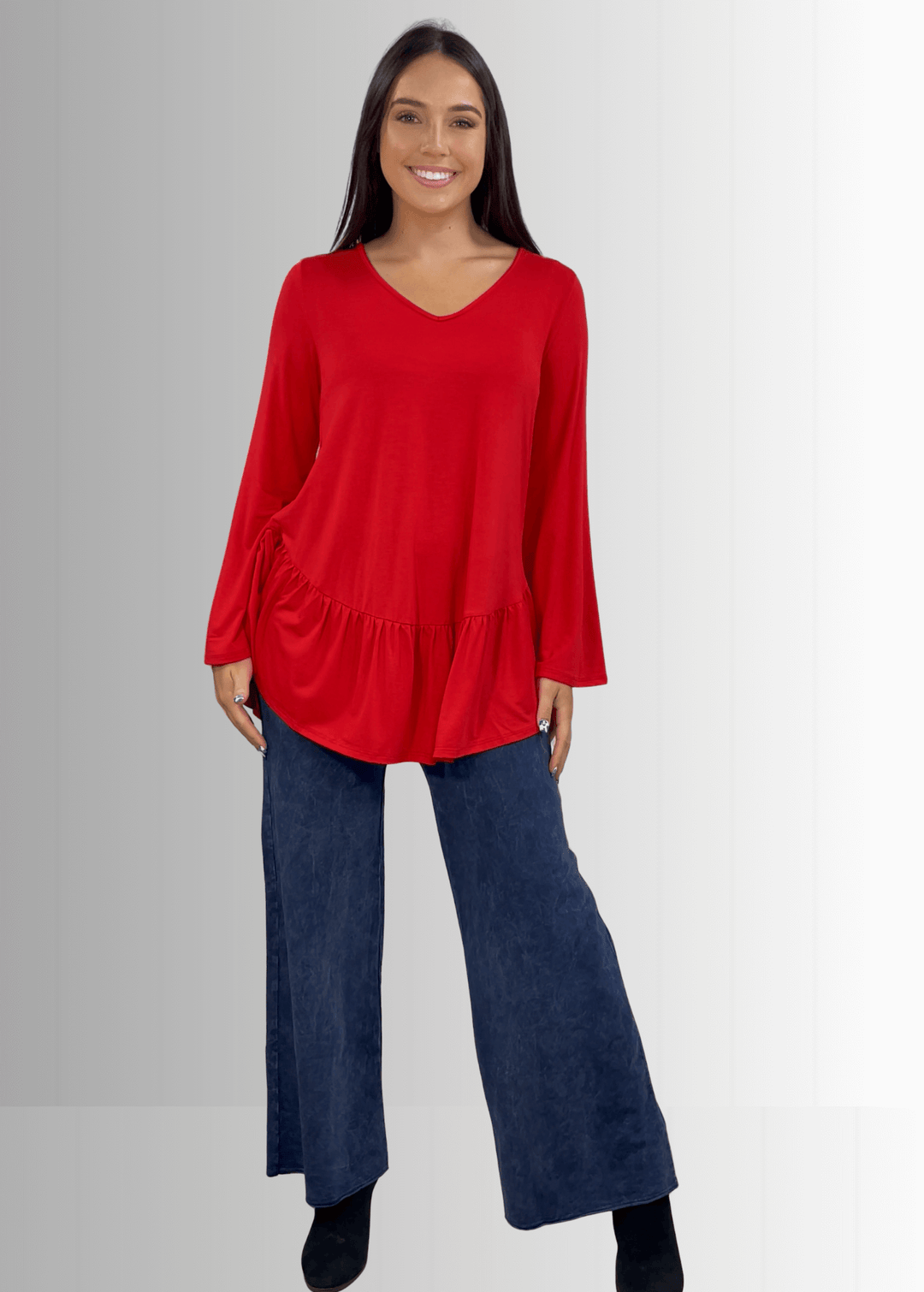 Made in USA Women's Red Flare Sleeve Tunic with Flounce Ruffle Hem, V-Neck, Lightweight and Flowy, Super Soft, 95% Rayon, 5% Spandex Machine Wash, Tumble Dry Low Style C11316 | Classy Cozy Cool Made in USA Boutique