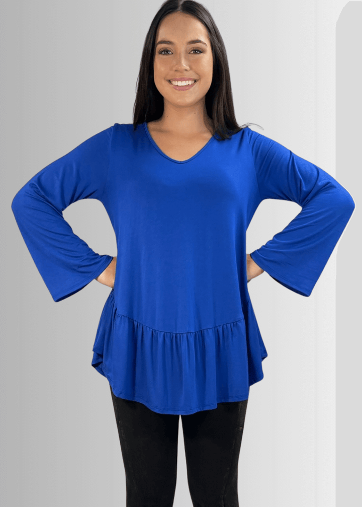 Made in USA Women's Royal Blue Flare Sleeve Tunic with Flounce Ruffle Hem, V-Neck, Lightweight and Flowy, Super Soft, 95% Rayon, 5% Spandex Machine Wash, Tumble Dry Low Style C11316 | Classy Cozy Cool Made in USA Boutique