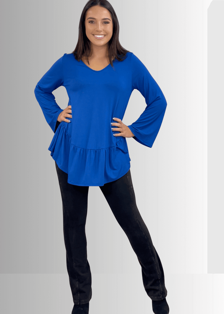 Made in USA Women's Royal Blue Flare Sleeve Tunic with Flounce Ruffle Hem, V-Neck, Lightweight and Flowy, Super Soft, 95% Rayon, 5% Spandex Machine Wash, Tumble Dry Low Style C11316 | Classy Cozy Cool Made in USA Boutique