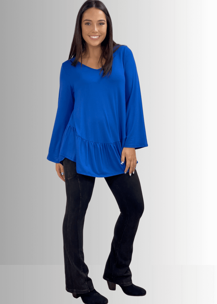 Made in USA Women's Royal Blue Flare Sleeve Tunic with Flounce Ruffle Hem, V-Neck, Lightweight and Flowy, Super Soft, 95% Rayon, 5% Spandex Machine Wash, Tumble Dry Low Style C11316 | Classy Cozy Cool Made in USA Boutique