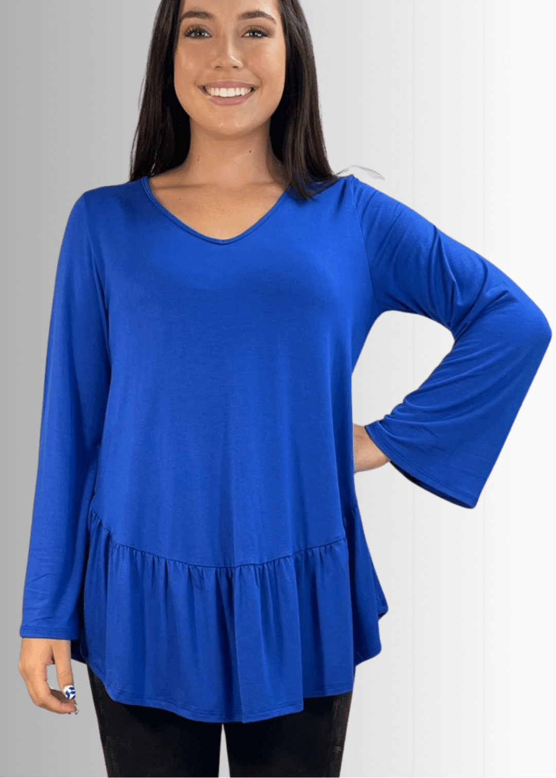 Made in USA Women's Royal Blue Flare Sleeve Tunic with Flounce Ruffle Hem, V-Neck, Lightweight and Flowy, Super Soft, 95% Rayon, 5% Spandex Machine Wash, Tumble Dry Low Style C11316 | Classy Cozy Cool Made in USA Boutique