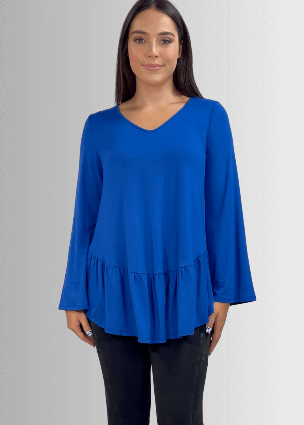 Made in USA Women's Royal Blue Flare Sleeve Tunic with Flounce Ruffle Hem, V-Neck, Lightweight and Flowy, Super Soft, 95% Rayon, 5% Spandex Machine Wash, Tumble Dry Low Style C11316 | Classy Cozy Cool Made in USA Boutique