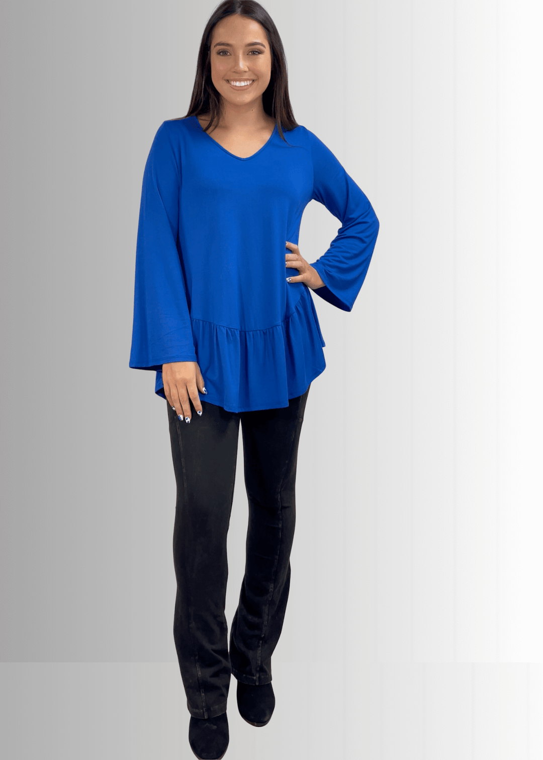Made in USA Women's Royal Blue Flare Sleeve Tunic with Flounce Ruffle Hem, V-Neck, Lightweight and Flowy, Super Soft, 95% Rayon, 5% Spandex Machine Wash, Tumble Dry Low Style C11316 | Classy Cozy Cool Made in USA Boutique