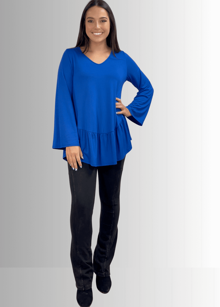 Made in USA Women's Royal Blue Flare Sleeve Tunic with Flounce Ruffle Hem, V-Neck, Lightweight and Flowy, Super Soft, 95% Rayon, 5% Spandex Machine Wash, Tumble Dry Low Style C11316 | Classy Cozy Cool Made in USA Boutique