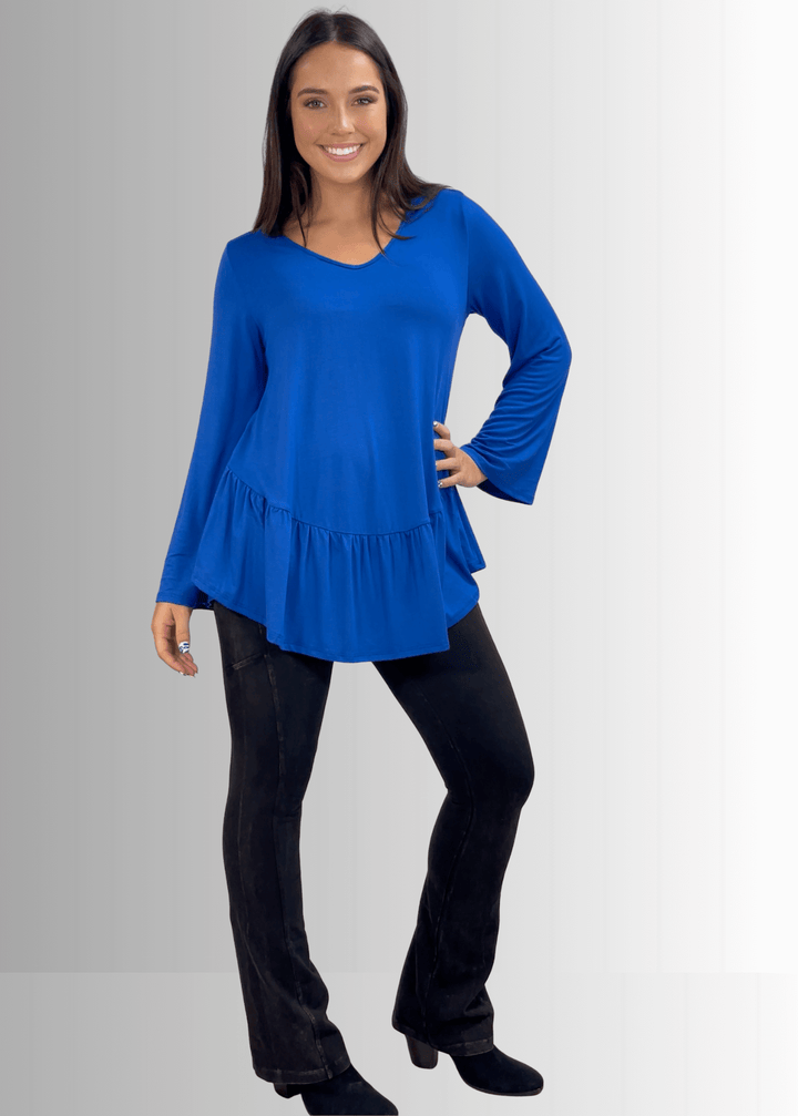 Made in USA Women's Royal Blue Flare Sleeve Tunic with Flounce Ruffle Hem, V-Neck, Lightweight and Flowy, Super Soft, 95% Rayon, 5% Spandex Machine Wash, Tumble Dry Low Style C11316 | Classy Cozy Cool Made in USA Boutique