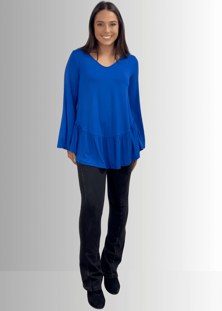 Made in USA Women's Royal Blue Flare Sleeve Tunic with Flounce Ruffle Hem, V-Neck, Lightweight and Flowy, Super Soft, 95% Rayon, 5% Spandex Machine Wash, Tumble Dry Low Style C11316 | Classy Cozy Cool Made in USA Boutique