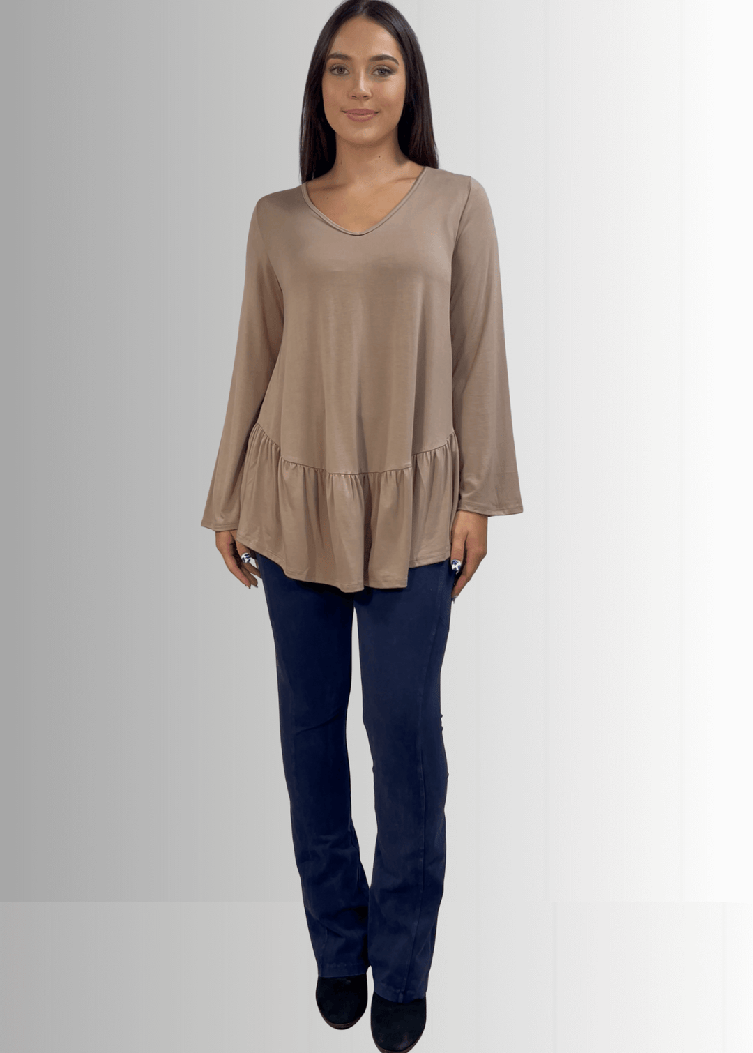 Made in USA Women's Taupe Flare Sleeve Tunic with Flounce Ruffle Hem, V-Neck, Lightweight and Flowy, Super Soft, 95% Rayon, 5% Spandex Machine Wash, Tumble Dry Low Style C11316 | Classy Cozy Cool Made in USA Boutique
