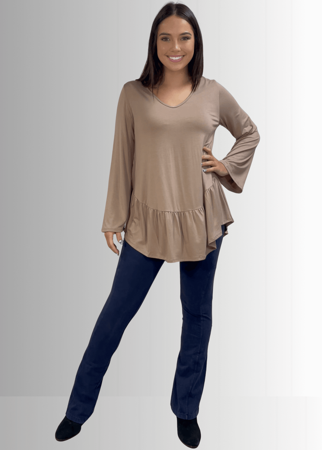 Made in USA Women's Taupe Flare Sleeve Tunic with Flounce Ruffle Hem, V-Neck, Lightweight and Flowy, Super Soft, 95% Rayon, 5% Spandex Machine Wash, Tumble Dry Low Style C11316 | Classy Cozy Cool Made in USA Boutique