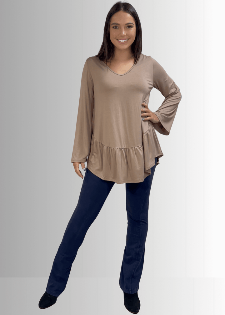Made in USA Women's Taupe Flare Sleeve Tunic with Flounce Ruffle Hem, V-Neck, Lightweight and Flowy, Super Soft, 95% Rayon, 5% Spandex Machine Wash, Tumble Dry Low Style C11316 | Classy Cozy Cool Made in USA Boutique
