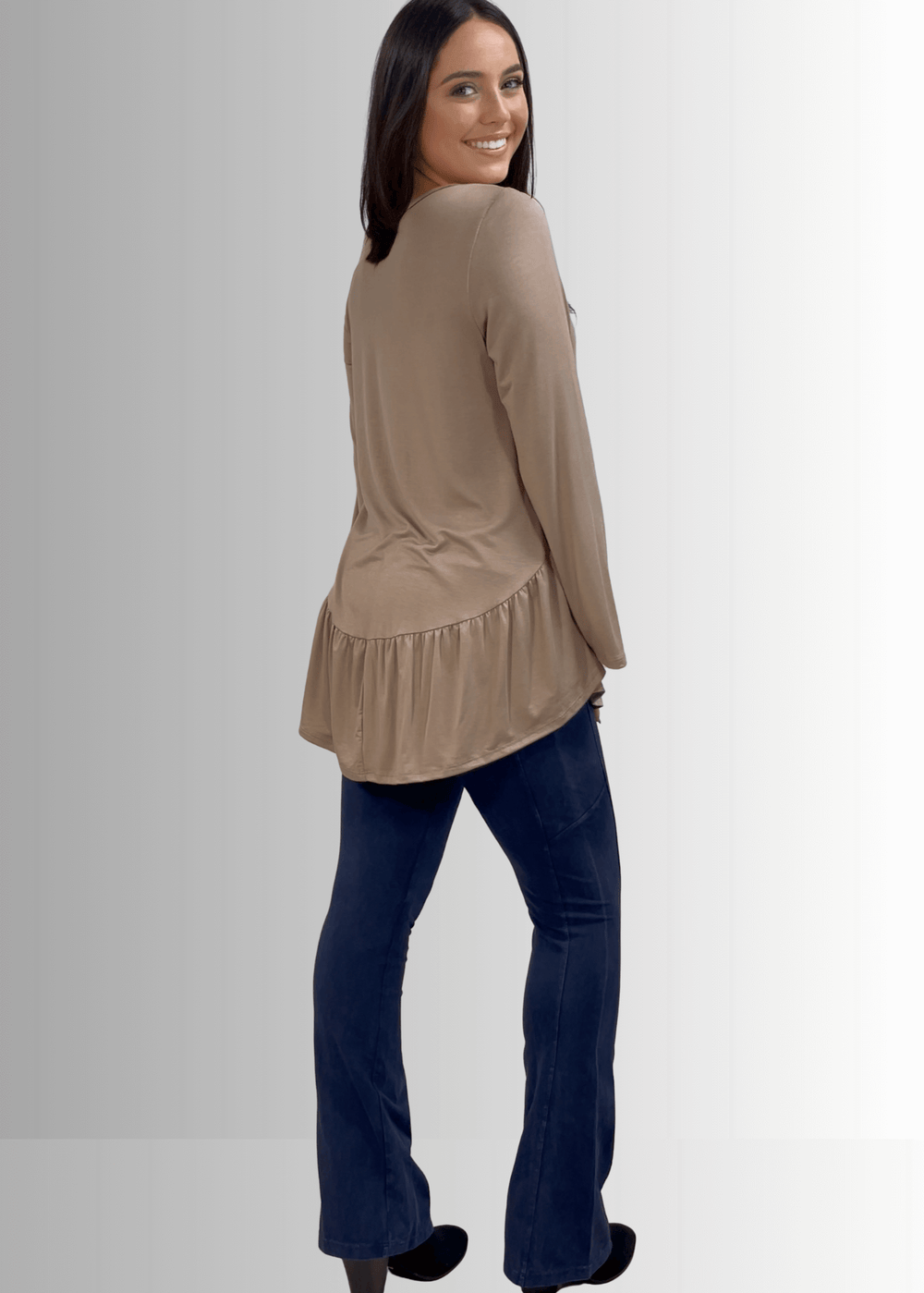 Made in USA Women's Taupe Flare Sleeve Tunic with Flounce Ruffle Hem, V-Neck, Lightweight and Flowy, Super Soft, 95% Rayon, 5% Spandex Machine Wash, Tumble Dry Low Style C11316 | Classy Cozy Cool Made in USA Boutique