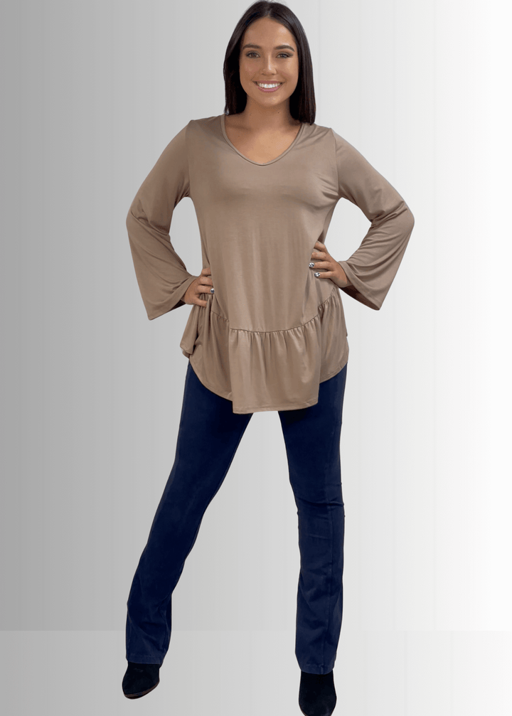 Made in USA Women's Taupe Flare Sleeve Tunic with Flounce Ruffle Hem, V-Neck, Lightweight and Flowy, Super Soft, 95% Rayon, 5% Spandex Machine Wash, Tumble Dry Low Style C11316 | Classy Cozy Cool Made in USA Boutique