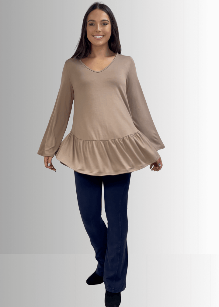 Made in USA Women's Taupe Flare Sleeve Tunic with Flounce Ruffle Hem, V-Neck, Lightweight and Flowy, Super Soft, 95% Rayon, 5% Spandex Machine Wash, Tumble Dry Low Style C11316 | Classy Cozy Cool Made in USA Boutique