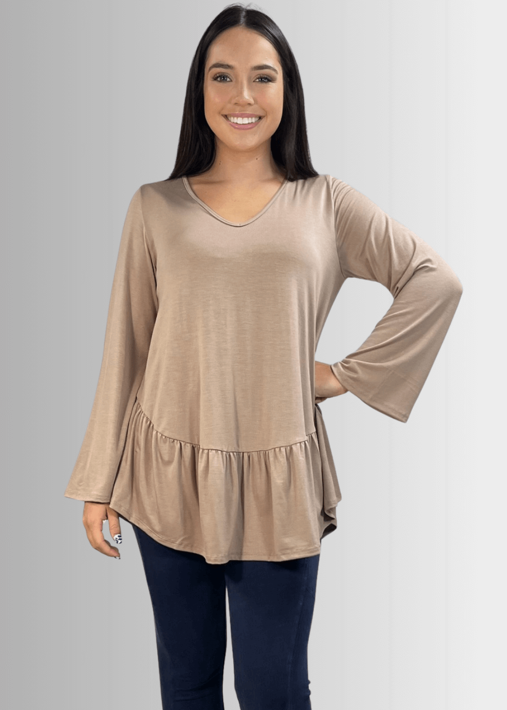 Made in USA Women's Taupe Flare Sleeve Tunic with Flounce Ruffle Hem, V-Neck, Lightweight and Flowy, Super Soft, 95% Rayon, 5% Spandex Machine Wash, Tumble Dry Low Style C11316 | Classy Cozy Cool Made in USA Boutique
