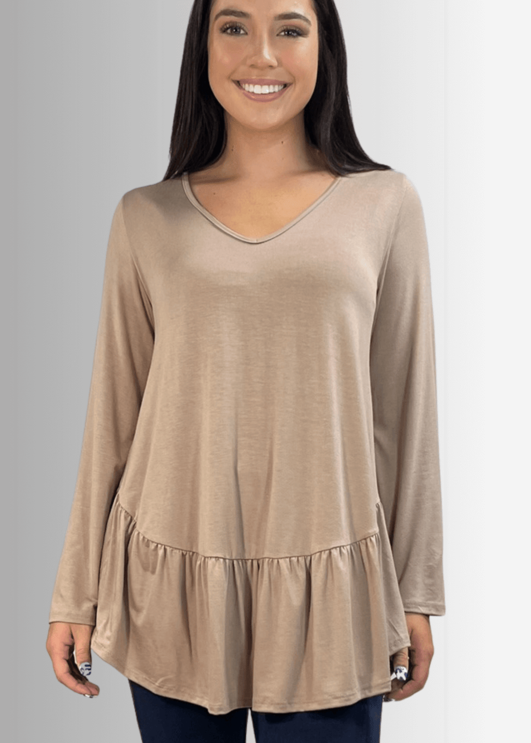 Made in USA Women's Taupe Flare Sleeve Tunic with Flounce Ruffle Hem, V-Neck, Lightweight and Flowy, Super Soft, 95% Rayon, 5% Spandex Machine Wash, Tumble Dry Low Style C11316 | Classy Cozy Cool Made in USA Boutique