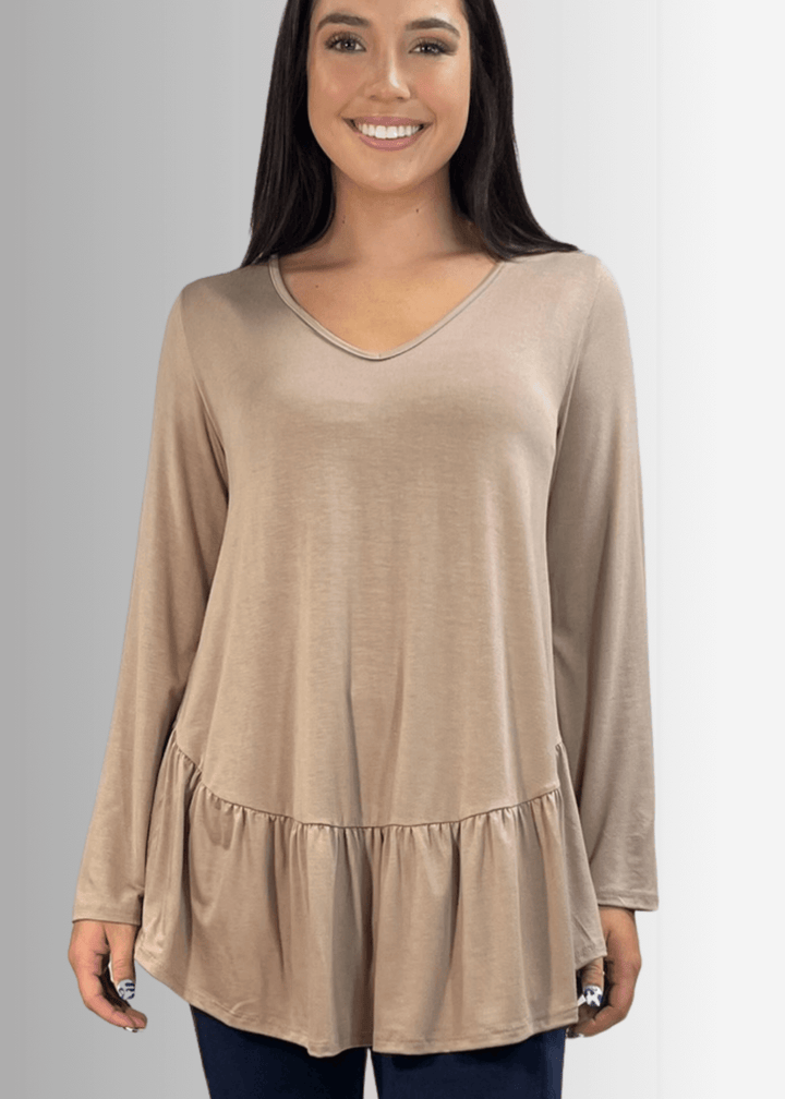 Made in USA Women's Taupe Flare Sleeve Tunic with Flounce Ruffle Hem, V-Neck, Lightweight and Flowy, Super Soft, 95% Rayon, 5% Spandex Machine Wash, Tumble Dry Low Style C11316 | Classy Cozy Cool Made in USA Boutique