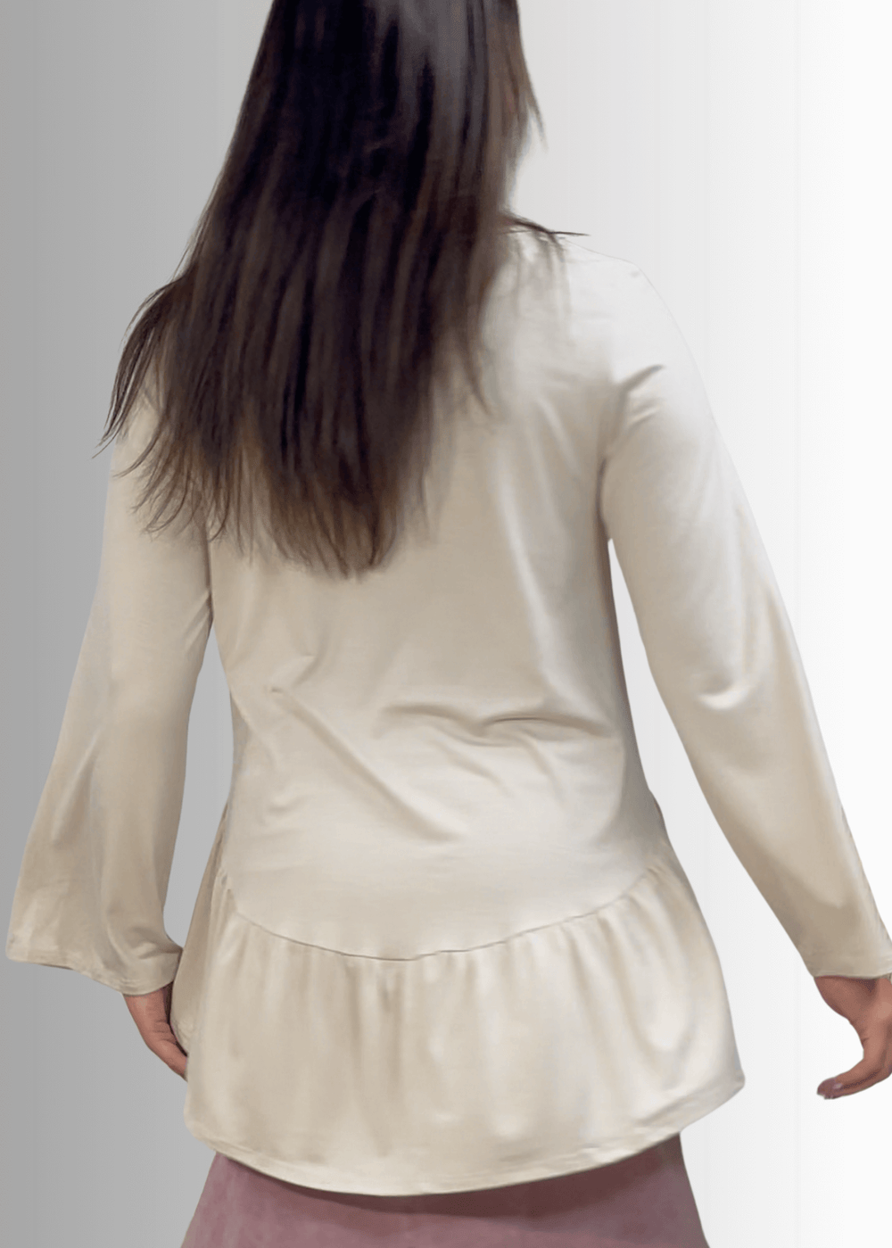 Made in USA Women's Cream Flare Sleeve Tunic with Flounce Ruffle Hem, V-Neck, Lightweight and Flowy, Super Soft, 95% Rayon, 5% Spandex Machine Wash, Tumble Dry Low Style C11316 | Classy Cozy Cool Made in USA Boutique