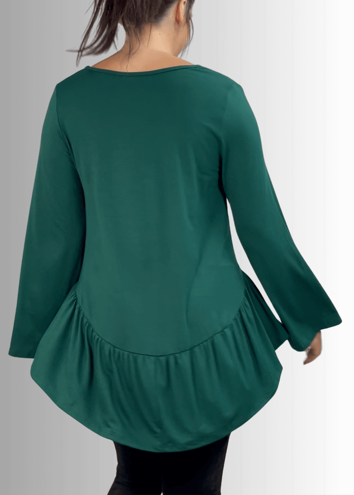 Made in USA Women's Hunter Green Flare Sleeve Tunic with Flounce Ruffle Hem, V-Neck, Lightweight and Flowy, Super Soft, 95% Rayon, 5% Spandex Machine Wash, Tumble Dry Low Style C11316 | Classy Cozy Cool Made in USA Boutique