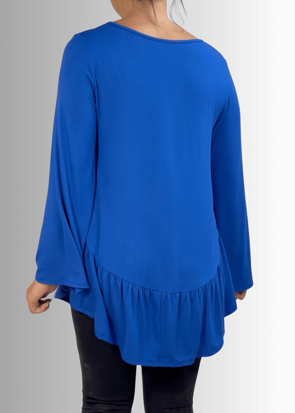 Made in USA Women's Royal Blue Flare Sleeve Tunic with Flounce Ruffle Hem, V-Neck, Lightweight and Flowy, Super Soft, 95% Rayon, 5% Spandex Machine Wash, Tumble Dry Low Style C11316 | Classy Cozy Cool Made in USA Boutique
