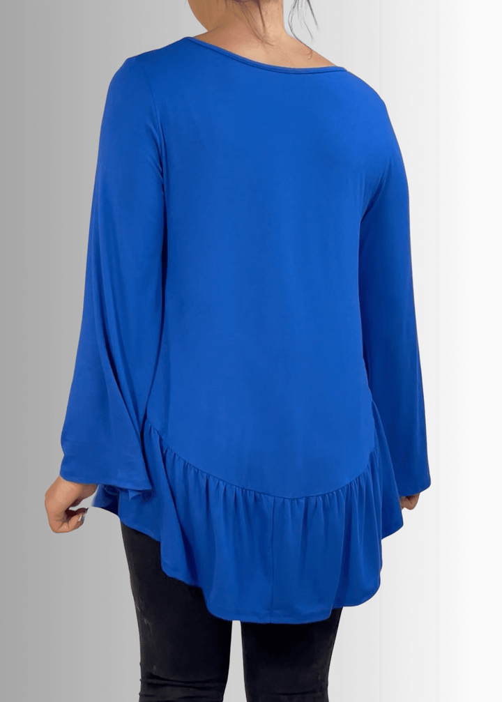 Made in USA Women's Royal Blue Flare Sleeve Tunic with Flounce Ruffle Hem, V-Neck, Lightweight and Flowy, Super Soft, 95% Rayon, 5% Spandex Machine Wash, Tumble Dry Low Style C11316 | Classy Cozy Cool Made in USA Boutique