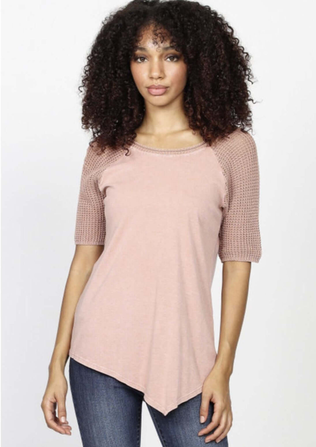 USA Made Waffle Knit Sleeves Raglan Tee with Asymmetrical Hem in Vintage Blush made of 50% Cotton & 50% Modal | Classy Cozy Cool Women's Made in America Clothing Boutique