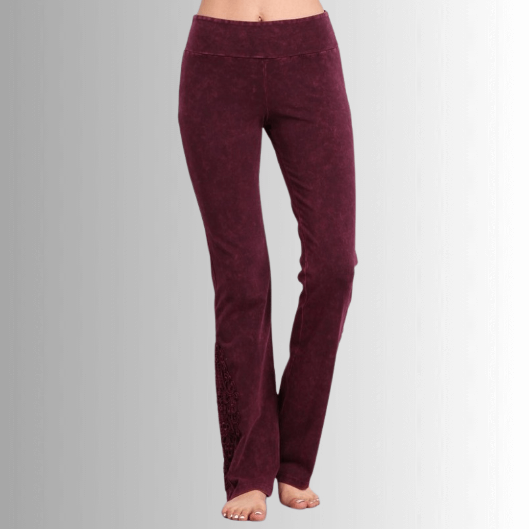 Made in USA Women's Burgundy Mineral Washed Boot Cut Jeggings with Crochet Detail Hem Style# C30372 | Classy Cozy Cool  Made in America Boutique