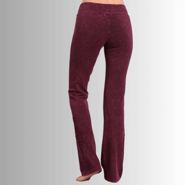 Made in USA Women's Burgundy Mineral Washed Boot Cut Jeggings with Crochet Detail Hem Style# C30372 | Classy Cozy Cool  Made in America Boutique