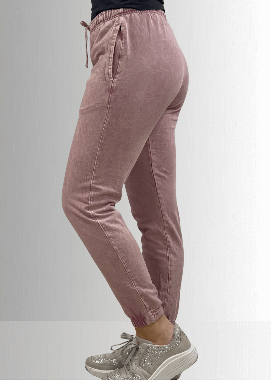 USA Made Women's Casual Cotton French Terry Mineral Washed Light  Mauve Joggers with Side Pockets and Drawstring Waist | Classy Cozy Cool Made in America Boutique