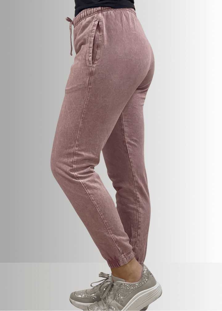USA Made Women's Casual Cotton French Terry Mineral Washed Light  Mauve Joggers with Side Pockets and Drawstring Waist | Classy Cozy Cool Made in America Boutique