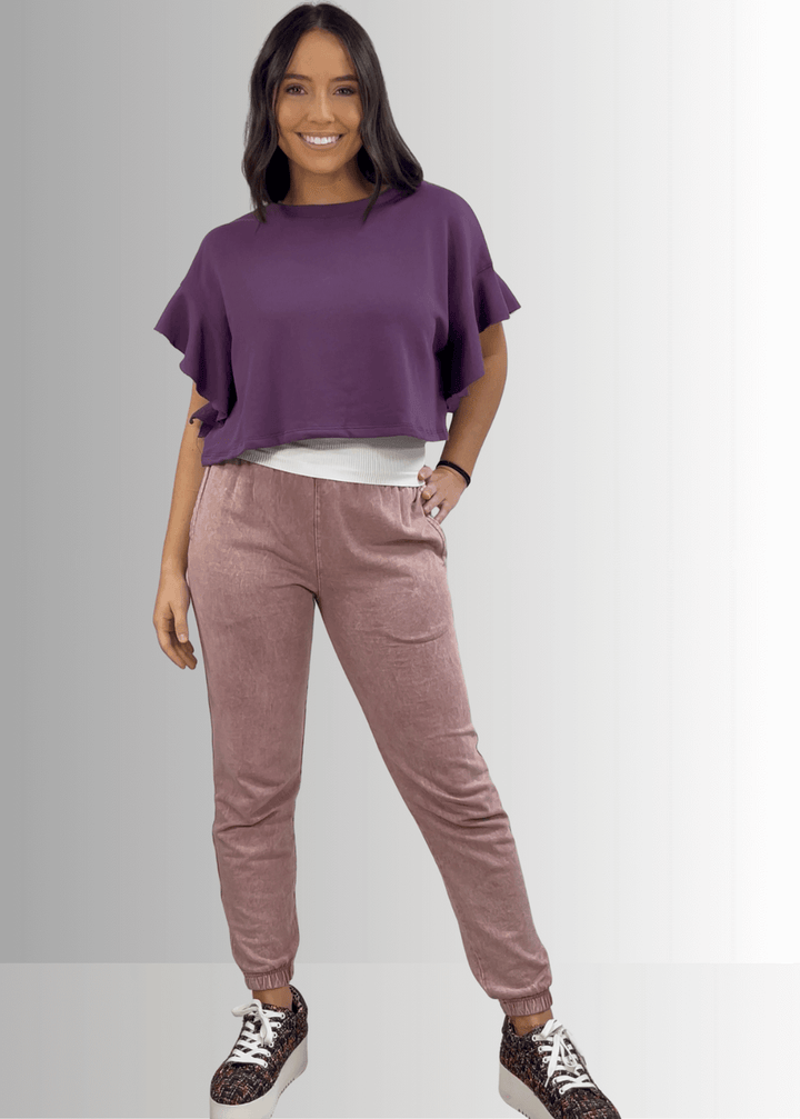 USA Made Women's Casual Cotton French Terry Mineral Washed Light  Mauve Joggers with Side Pockets and Drawstring Waist | Classy Cozy Cool Made in America Boutique