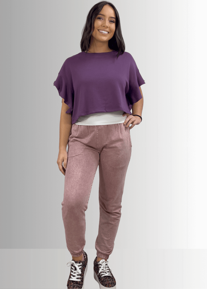 USA Made Women's Casual Cotton French Terry Mineral Washed Light  Mauve Joggers with Side Pockets and Drawstring Waist | Classy Cozy Cool Made in America Boutique