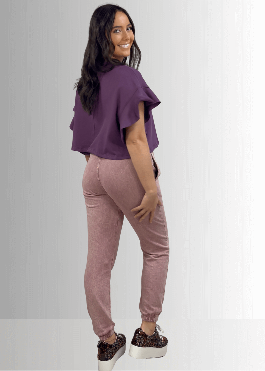 USA Made Women's Casual Cotton French Terry Mineral Washed Light  Mauve Joggers with Side Pockets and Drawstring Waist | Classy Cozy Cool Made in America Boutique