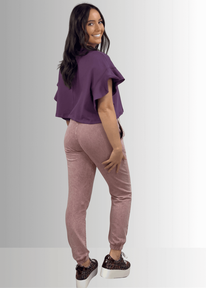 USA Made Women's Casual Cotton French Terry Mineral Washed Light  Mauve Joggers with Side Pockets and Drawstring Waist | Classy Cozy Cool Made in America Boutique