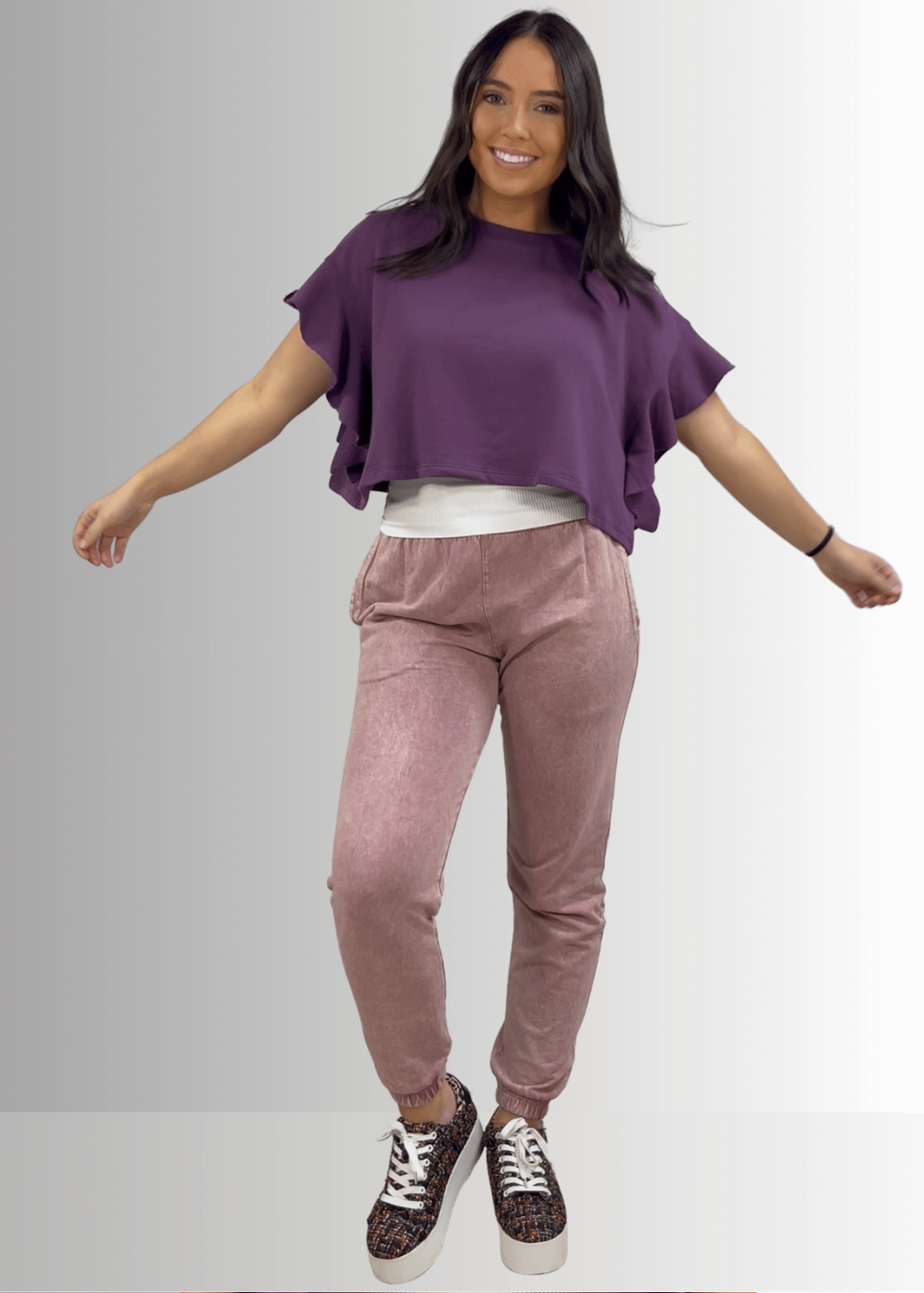 USA Made Women's Casual Cotton French Terry Mineral Washed Light  Mauve Joggers with Side Pockets and Drawstring Waist | Classy Cozy Cool Made in America Boutique