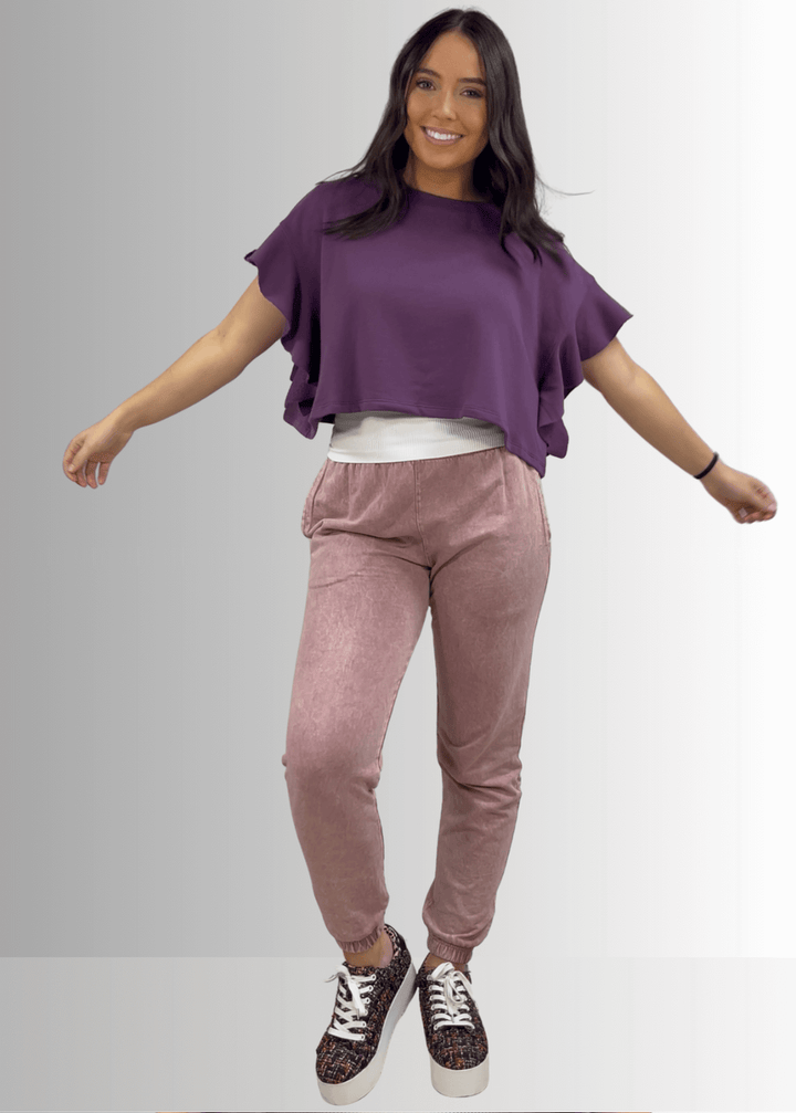 USA Made Women's Casual Cotton French Terry Mineral Washed Light  Mauve Joggers with Side Pockets and Drawstring Waist | Classy Cozy Cool Made in America Boutique