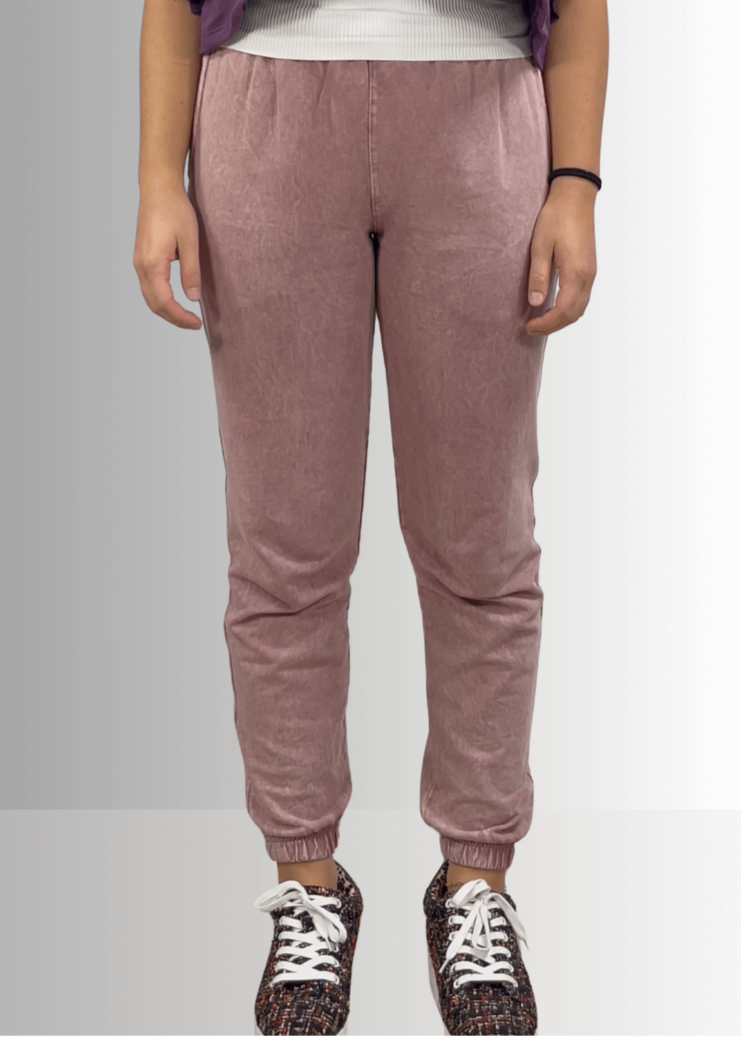 USA Made Women's Casual Cotton French Terry Mineral Washed Light  Mauve Joggers with Side Pockets and Drawstring Waist | Classy Cozy Cool Made in America Boutique
