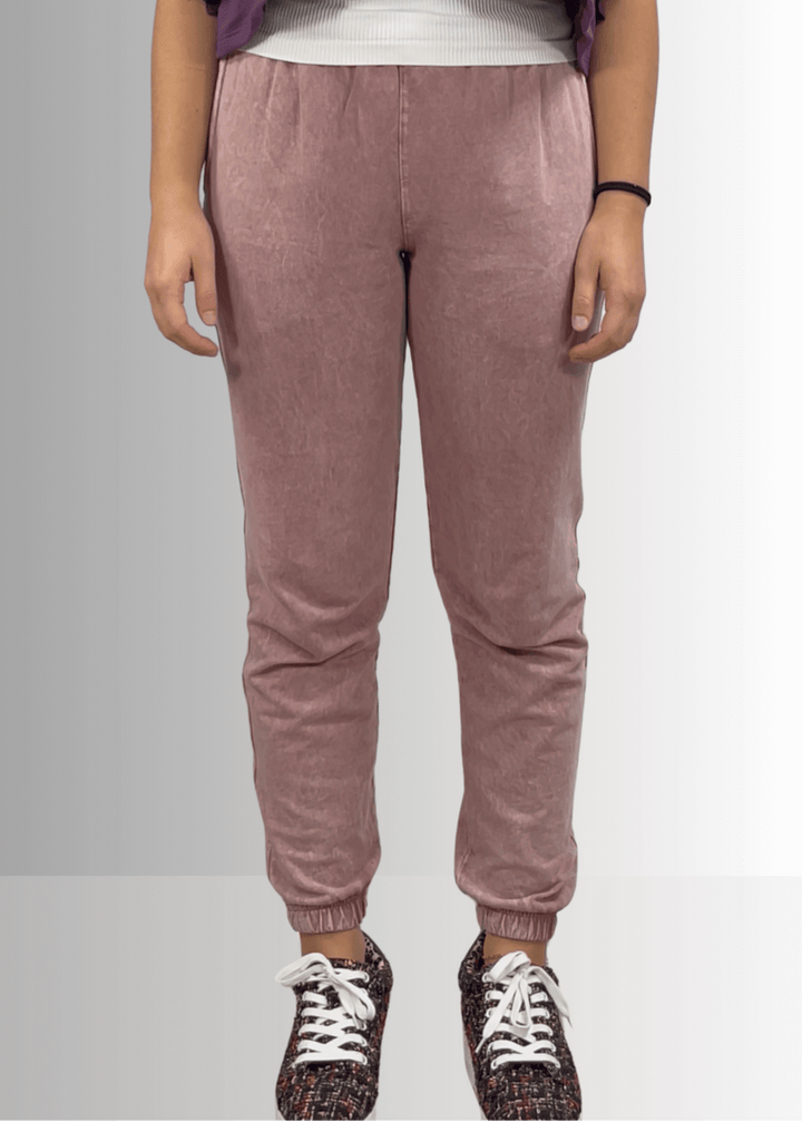 USA Made Women's Casual Cotton French Terry Mineral Washed Light  Mauve Joggers with Side Pockets and Drawstring Waist | Classy Cozy Cool Made in America Boutique